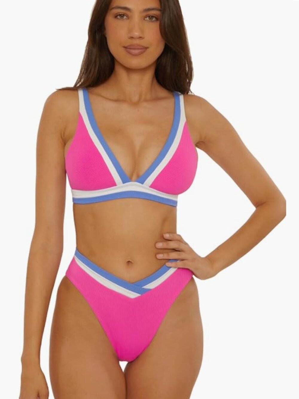Becca Women's Coast Line Plunge 2-Piece Bikini Top & Bottoms Swims Size S 12341
